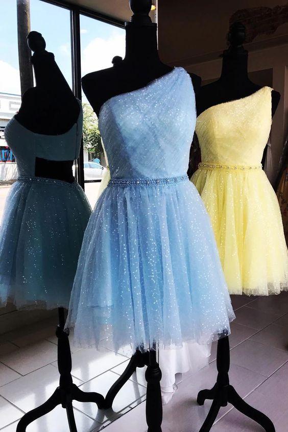 Sparkly Tulle One Shoulder Yellow Andrea Homecoming Dresses 3352