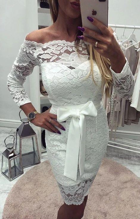 Sheath Lace Cristina Homecoming Dresses Off-The-Shoulder Long Sleeves Above-Knee White 3499