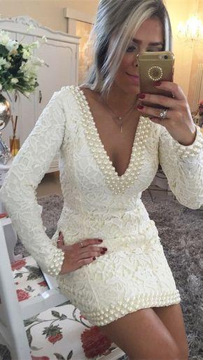 A-Line V-Neck Long Sleeves Short/Mini With Pearls Homecoming Dresses Lace Rosalie Dresses 352