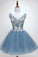 A-Line Rachael Homecoming Dresses V-Neck Above-Knee Light Blue With Appliques Beading 3557