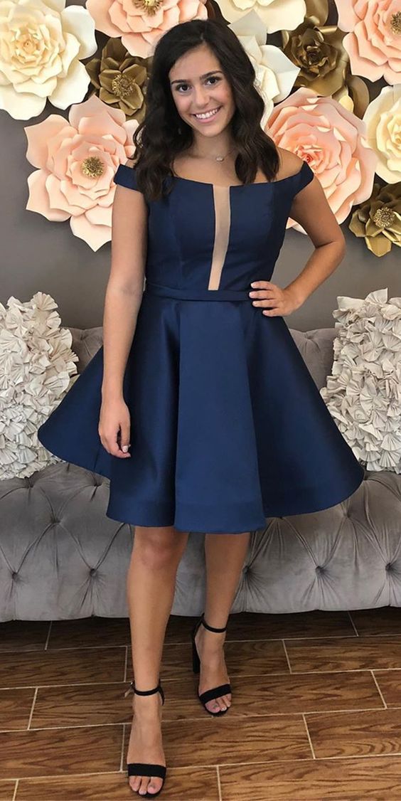 Off The Shoulder Knee Homecoming Dresses Phoenix A Line Length Navy Blue With Pleats 3560