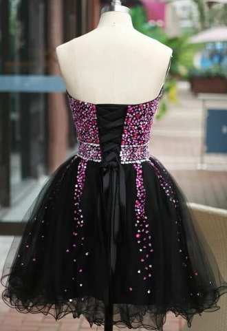 Lovely Beaded Black Tulle Short -Up Black Formal Roberta Homecoming Dresses Lace Dress 3716