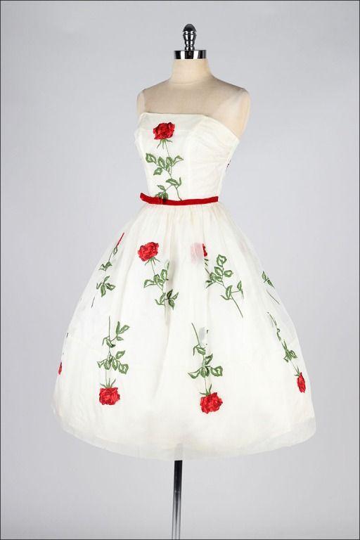 Vintage 1950s Organza Red Roses Dead Ivory Kelsey Homecoming Dresses Stock Dress 3719