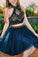 Simple Black Two Piece Halter Above-Knee Homecoming Dresses Lila Embroidery Backless 3830