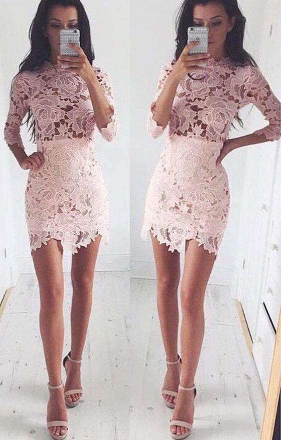 Sexy Homecoming Dresses Lace Pink Cloe Long Sleeves Short Bodycon Dress Cheap 385