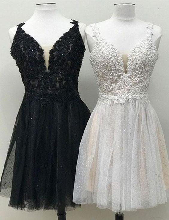 V Neck Black Cocktail Homecoming Dresses Karina Mini White Dress With Appliques 3898