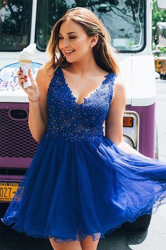 Homecoming Dresses Jaylyn Royal Blue A-Line V-Neck Short Backless With Appliques 3909