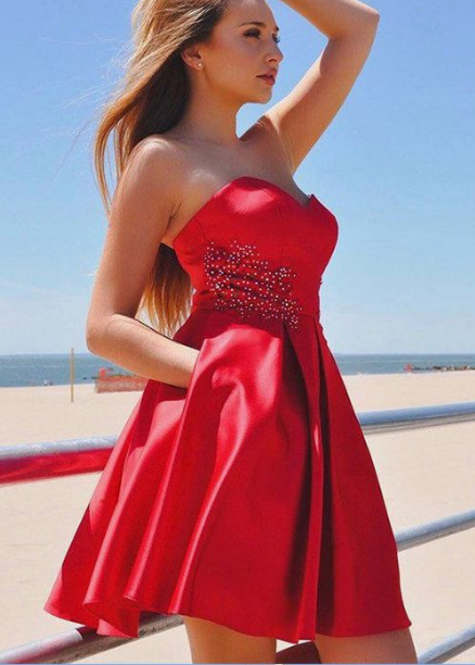 Red Soft Sweetheart Strapless With Bow Applique Satin Jaqueline Homecoming Dresses Pockets 3969