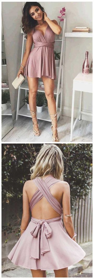 A-Line Deep V-Neck Homecoming Dresses Danielle Chiffon Pink Lace -Up Blush 3998