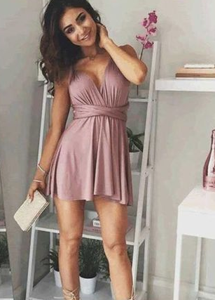 A-Line Deep V-Neck Homecoming Dresses Danielle Chiffon Pink Lace -Up Blush 3998