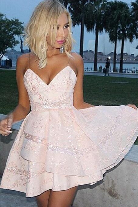 Straps Tiered Sequined Homecoming Dresses Pink Ella 4043