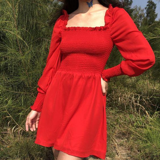 Red Square Neck Natalya Homecoming Dresses With Long Sleeve 4225