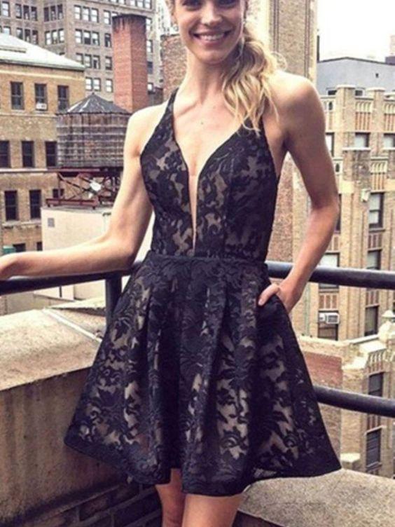 A-Line Kate Lace Homecoming Dresses Deep V-Neck Short Black With Pockets 427