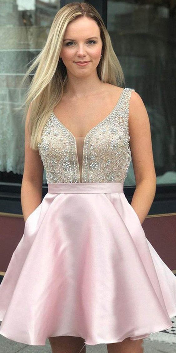 Beaded With Satin Homecoming Dresses Carly Pocket Short Dresses 4336