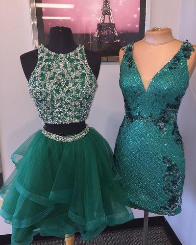 Elegant Short Beaded Tulle Party Gown Green Two Piece Homecoming Dresses Janiyah Dress 4360