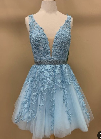 Baby Blue V Neck Homecoming Dresses Lace Alexandria Tulle 2024 Cute Party Dress 4428