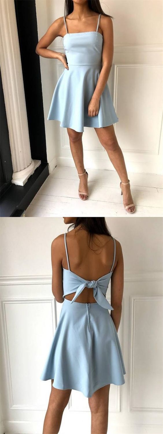 A-Line Donna Homecoming Dresses Spaghetti Straps Open Back Above-Knee Light Blue 442