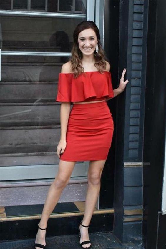 Two Piece Off-The-Shoulder Above-Knee Red Homecoming Dresses Myah With Ruffles 4447
