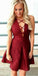 A-Line Deep V-Neck Sleeveless -Up Burgundy Homecoming Dresses Satin Lace Hadassah 4640