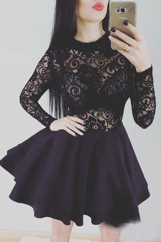 BLACK SHORT WITH LONG SLEEVES Homecoming Dresses Donna LACE 4644