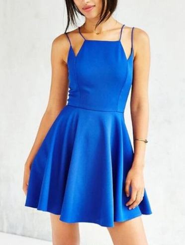 Square Neck Chloe Homecoming Dresses Blue Strappy Short Backless Gradutaion Dress Skater Dress 4700
