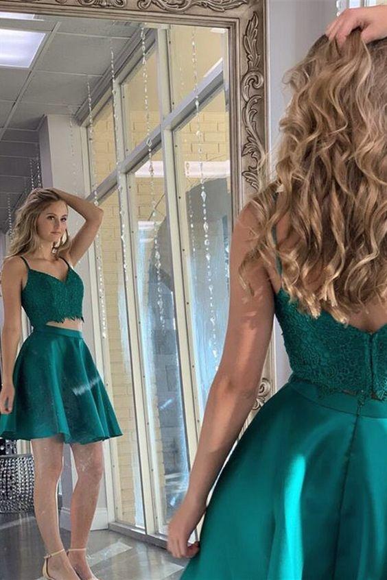 Two Pieces A Line Madeleine Homecoming Dresses Spaghetti Straps Dark Green With Appliques 4703