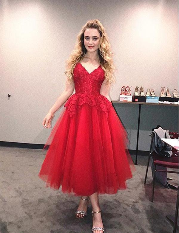 V Neck Red Tulle Tea Homecoming Dresses Coral Length 528