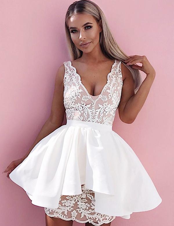 A-Line Deep V-Neck White Dress With Appliques Janet Cocktail Satin Homecoming Dresses 558
