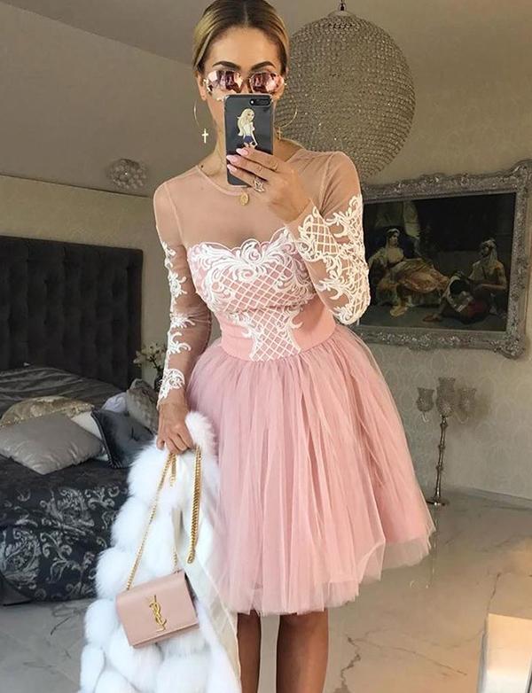 A-Line Jewel Cocktail Akira Homecoming Dresses Pink Long Sleeves Tulle Dress With Appliques 559