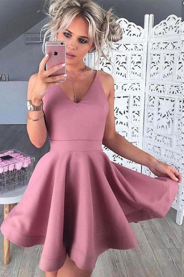 A-Line Homecoming Dresses Satin Charity Pink Classy Sleeveless 58