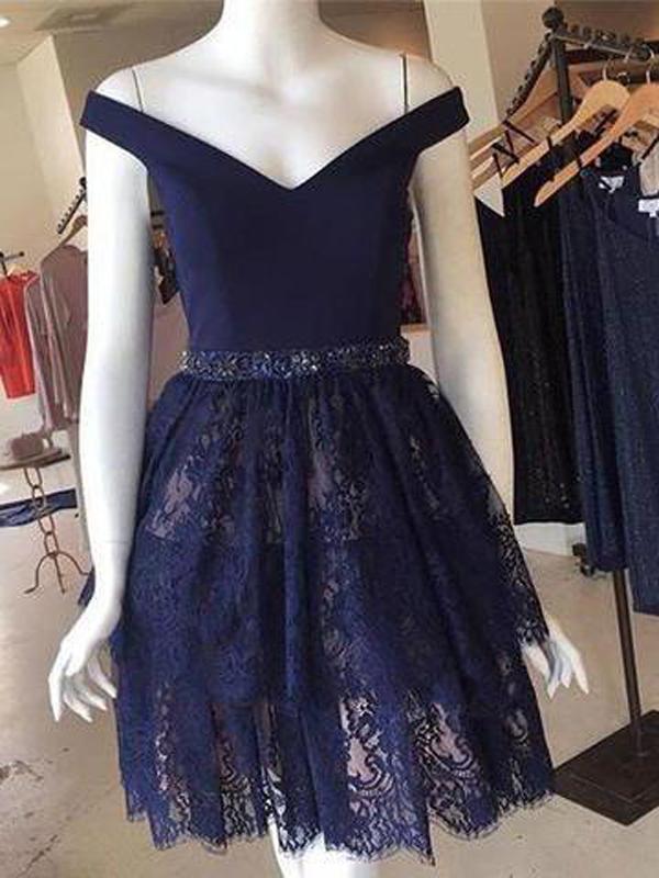 2024 A-Line Dark Homecoming Dresses Lace Sally Navy Off Shoulder Short 591