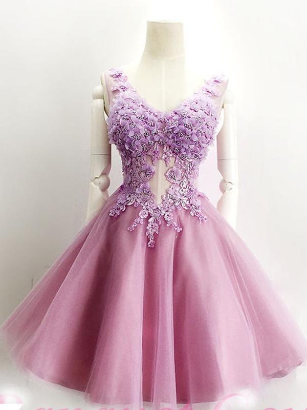 Elegant A-Line Lavender Tulle With Homecoming Dresses Daphne Scoop Neckline Short With Appliques 595