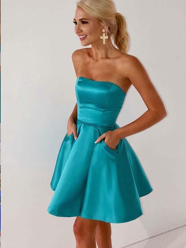 A-Line Homecoming Dresses Jillian Satin Strapless Blue With Pockets 659