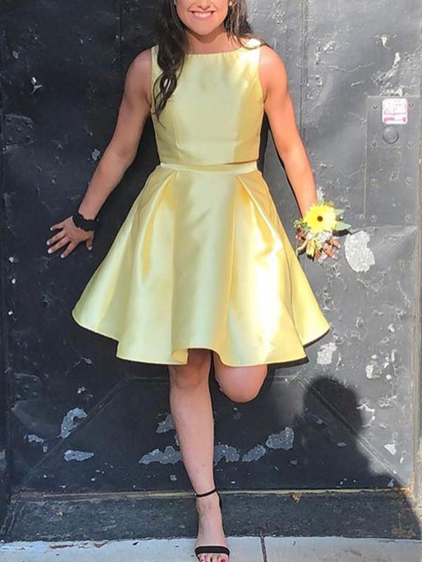 Yellow Two Piece Charming Satin Leslie Homecoming Dresses 747