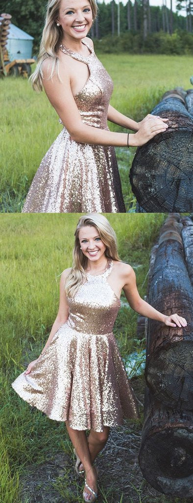 Shiny Gold Homecoming Dresses Tricia Sequin Halter Simple 761