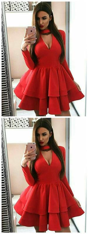 A-Line Long Homecoming Dresses Annabelle Sleeve Red With Ruffles 768