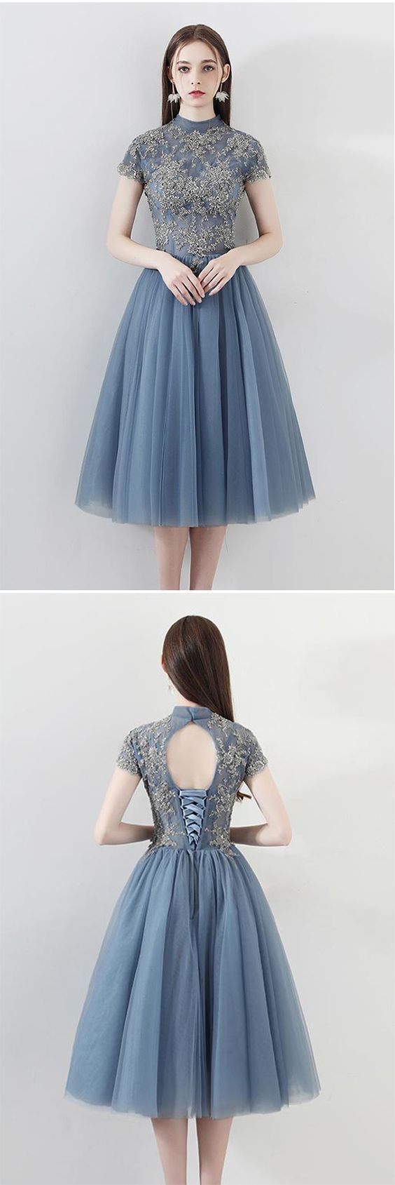 Blue Tulle Short Sleeves High Neck Appliques Amy A Line Homecoming Dresses 810
