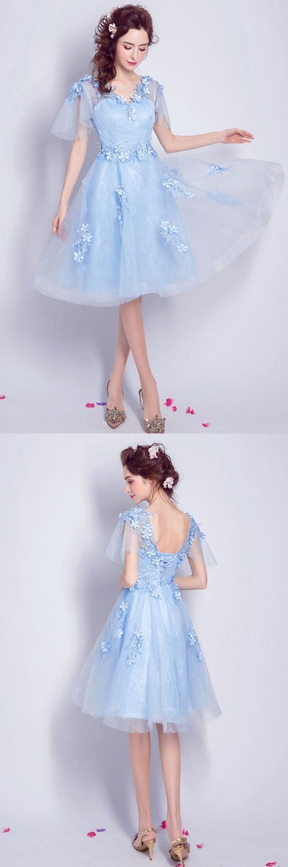 Elegant Blue Knee Homecoming Dresses Belinda Length Tulle Flowy A-Line V-Neck With Flowers 827