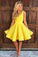 Cute V Homecoming Dresses A Line Lily Neck Yellow Sleeveless Short Party Dresses 8339