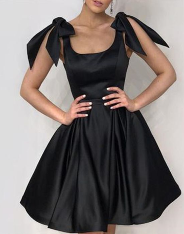 Elegant Black Bow Shoulders Frida Homecoming Dresses Satin Ruffles 874