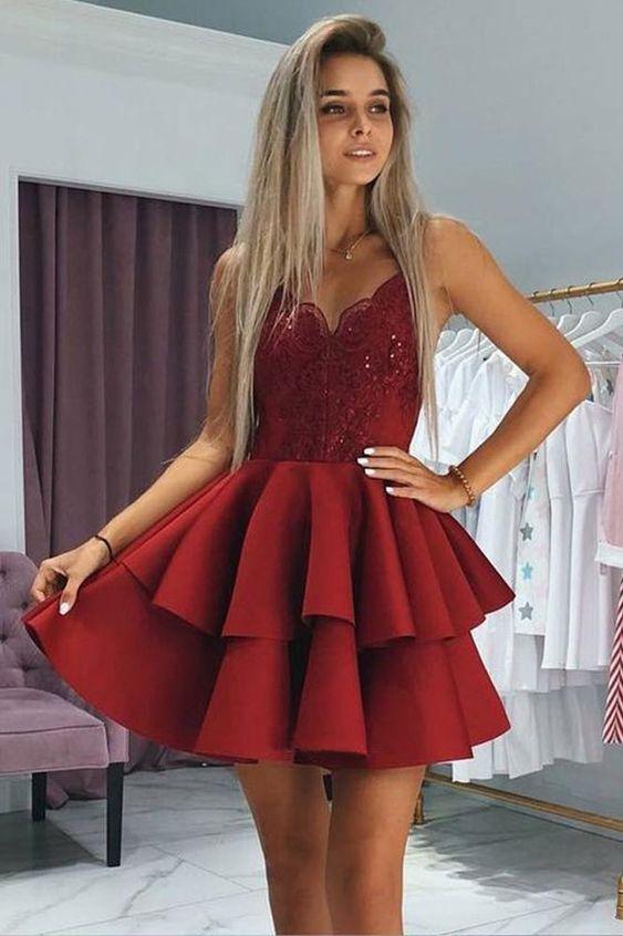 Sexy Beautiful A-Line V-Neck Red With Appliques Satin Homecoming Dresses Melina Beading 88