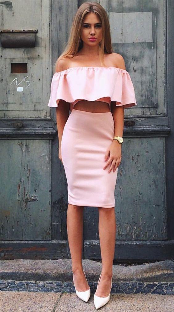 Two Heidy Pink Homecoming Dresses Piece Off-The-Shoulder Knee-Length With Ruffles 916