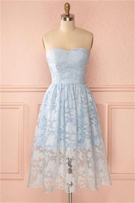 Tea Length Lace Skyla Homecoming Dresses Sky Blue Sweetheart A-Line For Teens 9172