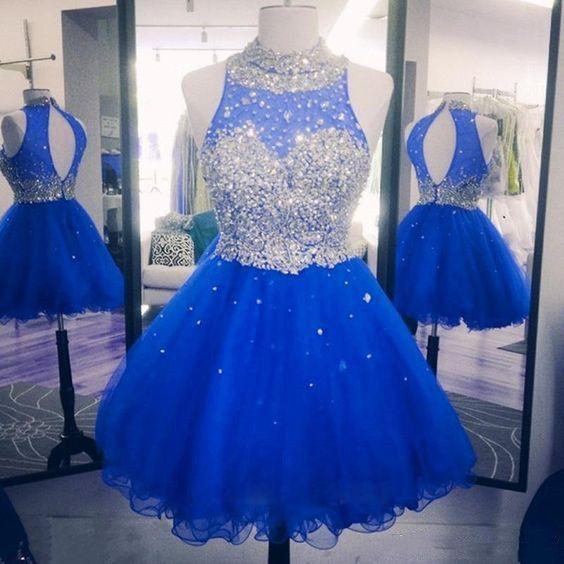 Elegant Beaded Tulle Short Homecoming Dresses Royal Blue Elyse 9353