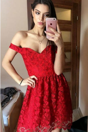 Fancy Off Shoulder Red Chic Semi Formal Homecoming Dresses Campbell Party Gowns 958