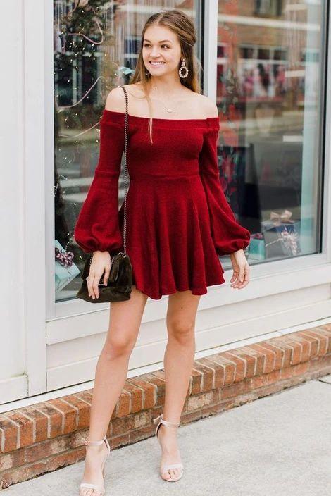 A-Line Off-The-Shoulder Long Sleeves Short Homecoming Dresses Lorena Dark Red Velvet 9623