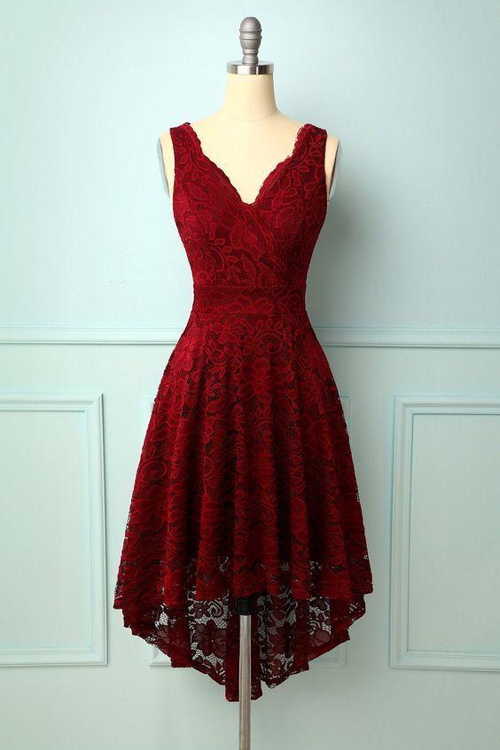 Dark Red Homecoming Dresses Lace Rosemary V-Neck Dress 9870