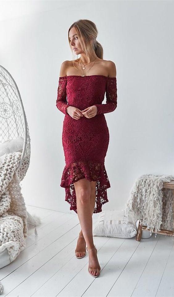 Fashion Off The Shoulder Lace Homecoming Dresses Yasmine Elegant Burgundy Short Party Dress 9886
