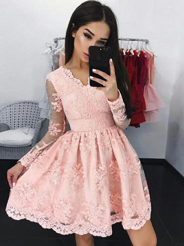 A-Line/Princess Rosie Homecoming Dresses Lace Long Sleeves Applique V-Neck Short/Mini Dresses