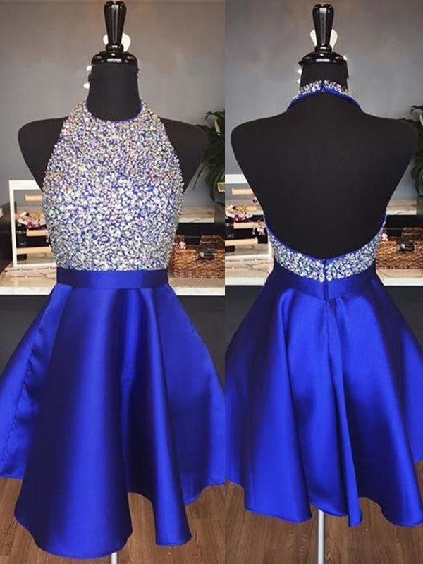 A-Line Halter Cut Homecoming Dresses Hadassah Satin Royal Blue Short With Beading